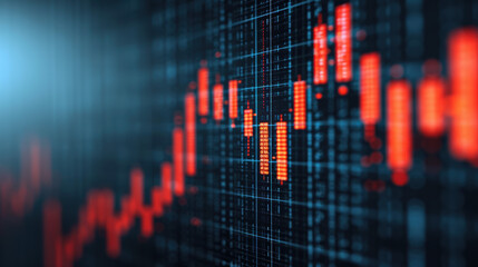 Abstract digital stock market chart with red candlestick graph and data on dark background, representing financial analysis and trading.