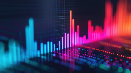 A vibrant digital abstract background featuring colorful, glowing bar graphs and data visualization on a dark grid. Perfect for technology and data themes.