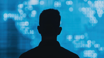 Silhouette of a person looking at a digital world map. Concept of technology, global connections, and modern network systems.