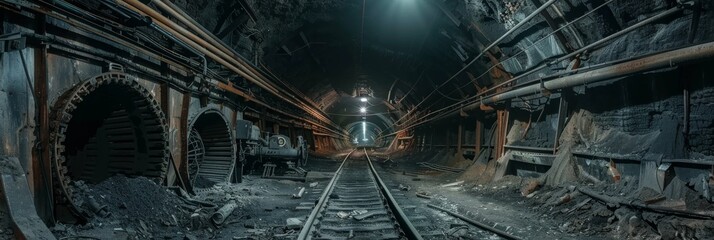 Obraz premium Empty tunnel, post-apocalyptic shelter, rails going into darkness conveyor belt in underground coal mine