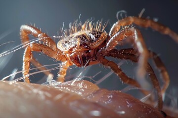 Naklejka premium Insect monster bites, encephalitis tick macro dust mite, horrible microscopic bug, skin parasite