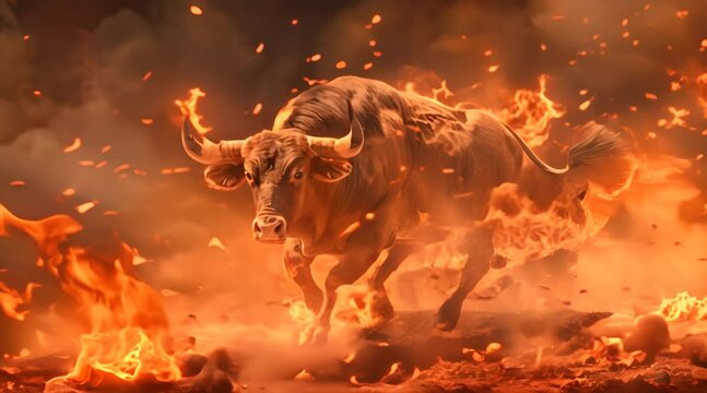 Bull running on fire. Business bull market concept. Ai generated