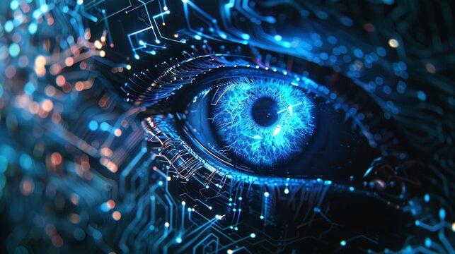 A sleek biometric scanner in a futuristic setting, capturing a 3D image of an eye with neon blue iris patterns