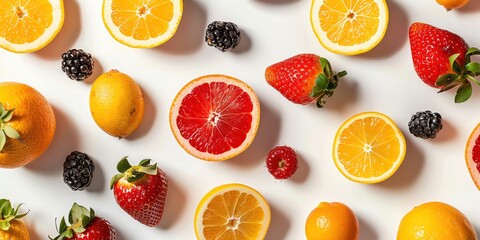 Fresh citrus fruits, berries, and strawberries on a white background.