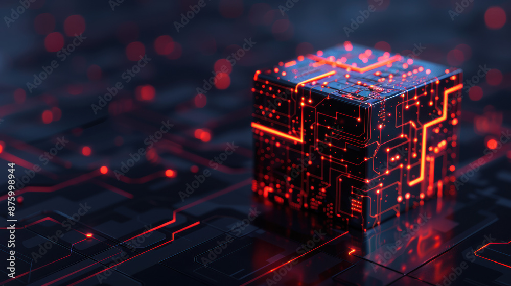 Poster futuristic glowing cube with circuit patterns symbolizing advanced technology and digital innovation