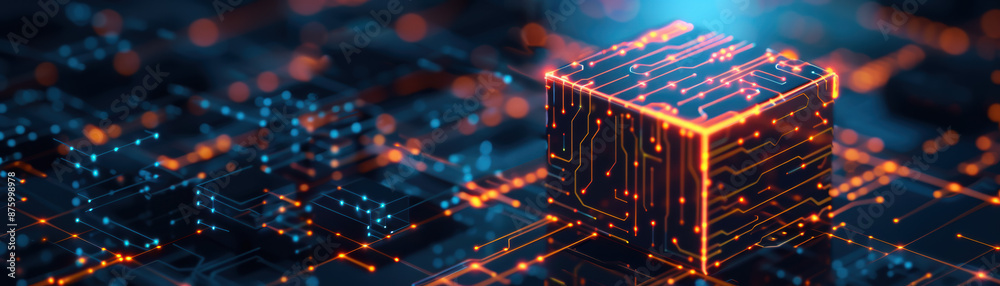 Poster futuristic digital circuit board with glowing elements and a central cube symbolizing advanced techn