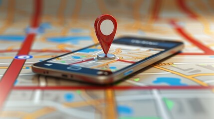 Illustrative concept of geofencing: Digital map with marked virtual boundaries, a location pin, and a smartphone displaying a geofencing app, demonstrating location-aware technology.