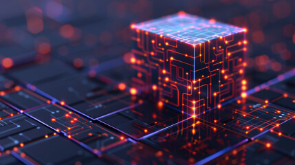 Obraz premium Futuristic glowing cube with circuit patterns on dark neon background, representing technology, innovation, and digital advancement.