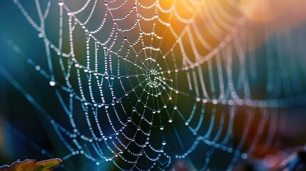 Naklejka premium Serene Morning: Dewy Water Droplets on Spider's Web in Soft Focus Mist