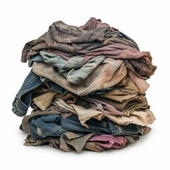 Laundry pile, dirty clothes heap isolated, dirty laundry clothing pile on white background