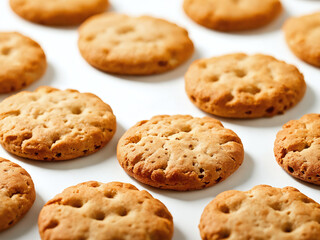Close up of round, golden brown dog cookies on a white surface