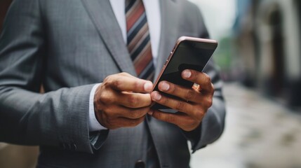 Businessman holding a smart phone showing online banking applications via internet network