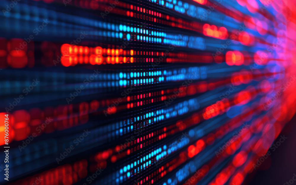 Poster abstract close-up of digital binary data streaming in red and blue lights, representing cybersecurit