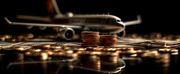 Fototapeta premium Airplane Toy With Passports And Money On A Black Background, Representing An Air Trip