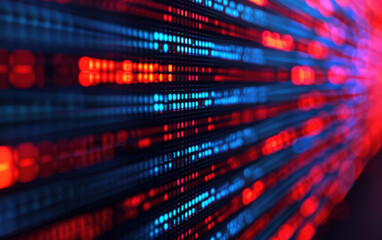 Abstract close-up of digital binary data streaming in red and blue lights, representing cybersecurity, data transfer, and technology concepts.