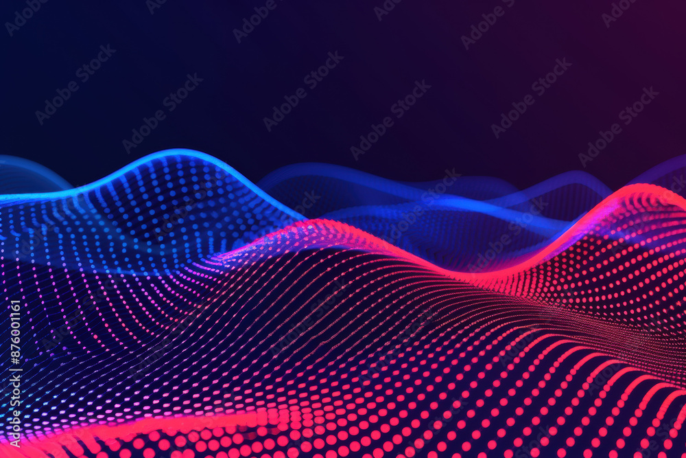Poster abstract digital landscape with glowing blue and red dots forming dynamic waves on a dark background