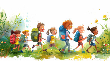 Happy Children with Backpacks Heading to School