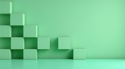 Minimalist green cubes arranged on a solid background. Modern abstract geometric design, clean and simple structure. Creative composition for backgrounds.