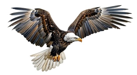 Bald eagle in flight toward with open wings on isolated background