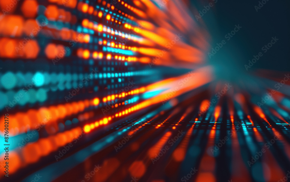 Poster abstract futuristic background with glowing red and blue lines of dots creating a dynamic light effe