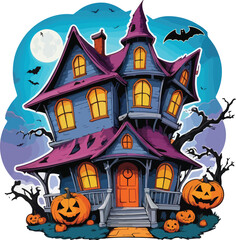 Scary Halloween Spooky House with pumpkins and flying bats at
Haunted Night Vector & illustration