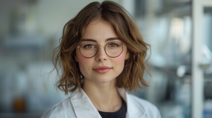 A woman with brown hair and glasses smiles while wearing a white lab coat