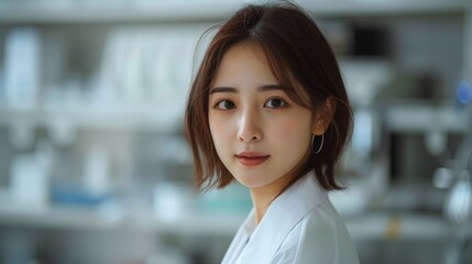 A young woman in a white lab coat stands confidently, her gaze slightly off-camera