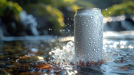 A can sits in a river, water droplets clinging to its surface