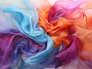 Obraz premium Crumpled, tied and twisted silk translucent fabrics in orange, blue, pink and purple colors