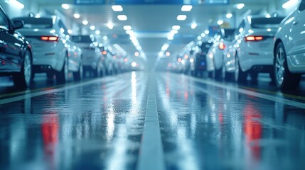 Wet, gleaming floor with rows of cars parked on either side