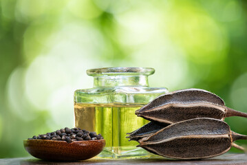 Abelmosk ,pod,seeds and oil on natural background.