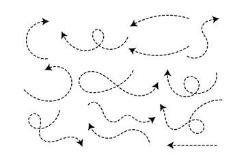 Set of hand drawn dashed arrows isolated on white background. Vector illustration