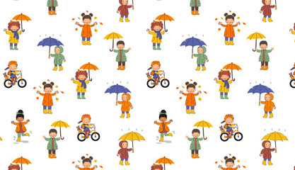 Happy fall kids pattern. Children’s autumn activities pattern. Children playing with leaves, riding a bike, and holding umbrellas in the rain. Vector flat illustration.