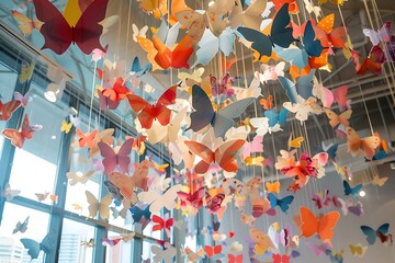 A ceiling with large, suspended paper butterflies in various colors, adding a touch of whimsy.