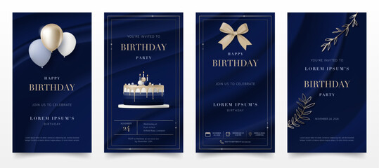 Set of Happy birthday invitation banner template. Birthday greeting card with 3D elegant cake, gold balloon, bow on blue background for luxury modern birthday anniversary party, invite cards. Vector