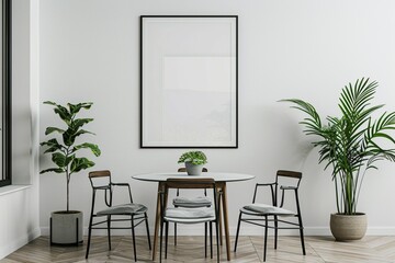modern minimalist cafe room with an empty photo frame hanging on the wall for a poster mock up