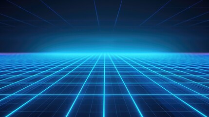 Neon wireframe horizon background The light blue square floor glows