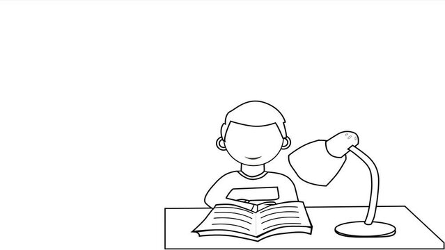 Footage line art a boy reading book on the table and there is a desk light to her left. Looping