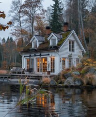 Obraz premium A quaint tiny house located by a tranquil river. 