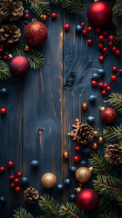 Christmas Tree Branches Framing Dark Wooden Table