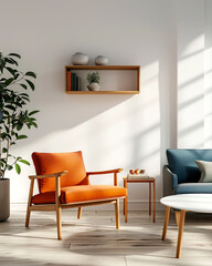 Armchair near blue sofa against white wall with wooden shelf. Scandinavian interior design of modern living room.