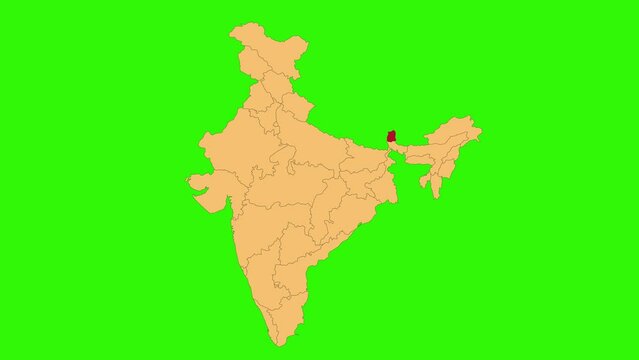Sikkim map animated video. Map Highlighted on the India map with animation and colour with Green screen background in video format.	
