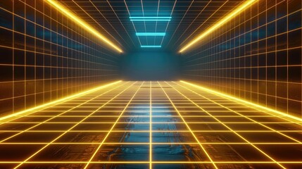 Fototapeta premium Neon wireframe horizon background The light yellow square floor glow