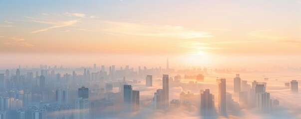 Fototapeta premium Sunrise over a foggy cityscape with skyscrapers, creating a picturesque view.