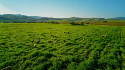 An alfalfa field with grazing sheep