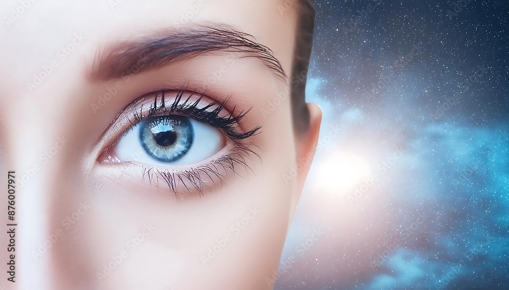 Wall mural close up of female eye with blue glowing stars and eyes with beautiful universe and stars.