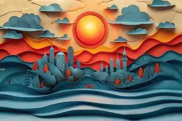 A beautifully crafted paper-cut design features a cityscape with the sun and clouds in the background, creating a serene and artistic representation of urban life.