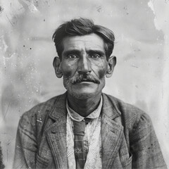 Fototapeta premium A black and white photograph of an Italian man, The photograph was taken in 1918, The man is wearing early 20th-century attire, The photograph have a vintage feel with a simple background