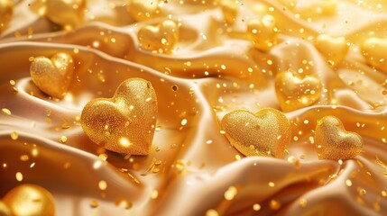 Glowing Golden Hearts and Sparkling Confetti on Luxurious Satin Fabric