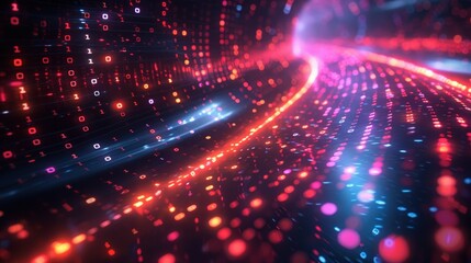 Naklejka premium Binary data tunnel of glowing red and blue digits flowing in a digital cyberspace representing information transfer, technology, and communication.